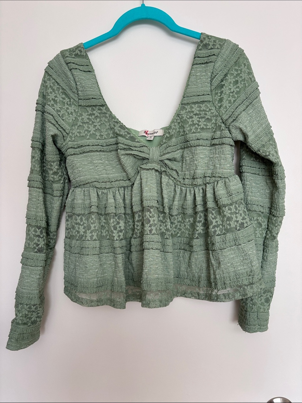 Francesca's Collections Sage Green Lace-Striped Tie Front Peasant Top